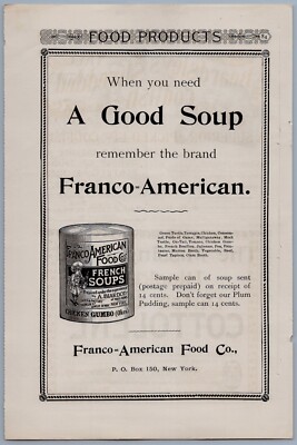 1894 Franco American Food Co Vintage Ad Soups Chicken Gumbo Can New York NY
