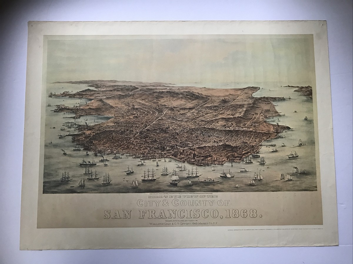 Vtg 1868 Birdseye View City County San Francisco Bay Print 23”x17