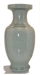 an antique crackle glazed blue Chinese vase with narrow neck and wide opening