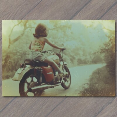 POSTCARD Young Girl On Motorcycle Cute Beautiful 70s Vibe Photo Funny 1970s
