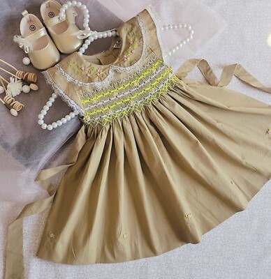 Hand-Smocked Embroidered Baby Girl Dress. Honey Color Smocked Toddler Girl Dress