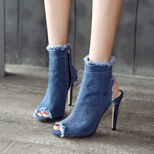 Womens Ripped Jeans Ankle Boots Open Toe Slingback Denim Stilettos Heel Side Zip - Afbeelding 1 van 13