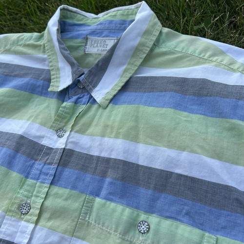 Free Planet Men's Shirt XL Short Sleeve Striped Button Down Pocket Blue Green - Picture 4 of 6