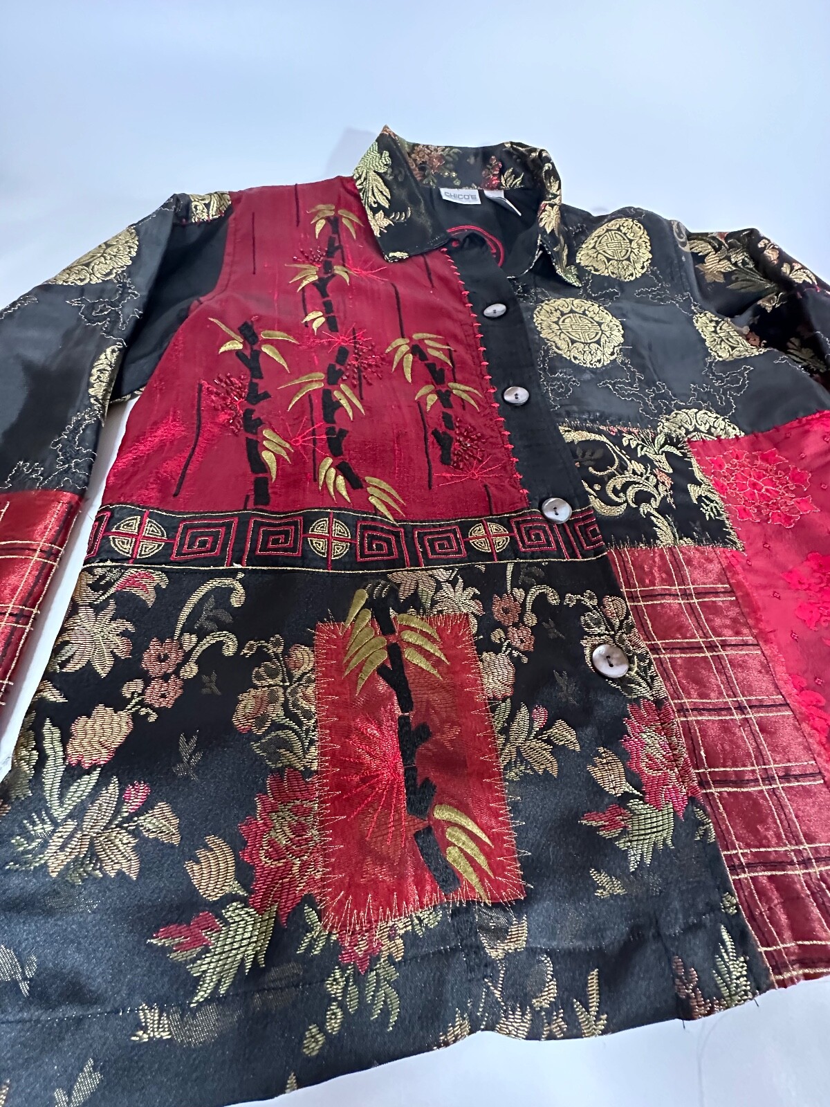 Chicos Black & Red Asian Patchwork Silk Blend Lig… - image 10