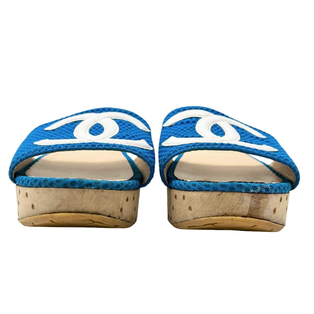【サッと履けて快適お洒落】CHANEL★サンダル★大胆なCCマーク CHANEL Vintage CC Mark Logo Sandals #36.5-37 Mesh Blue White