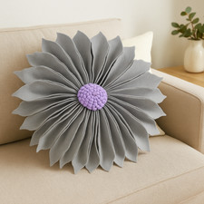 13" Round Grey Throw Pillow   3D Flower Design, Decorative Accent