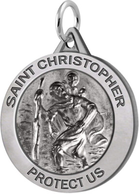 1 1/4in 0.925 Sterling Silver St Saint Christopher Medal Round Pendant