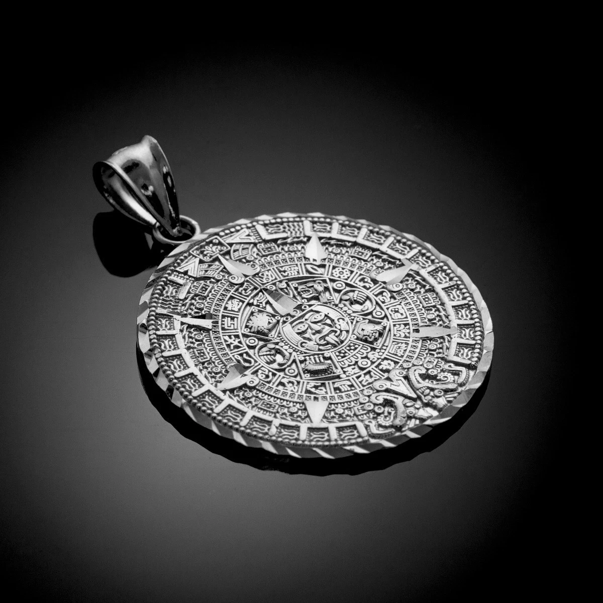 White Gold Aztec Mayan Sun Calendar Pendant available in 3 sizes