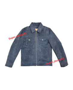 La peau d'agneau bleu Suede en cuir Zip Up Western Veste extérieure Porter des poches avant