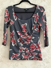 Vtg Y2K APT. 9 Sz XS Mesh Floral Ruched Top Sheer Stretch Blouse