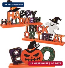 3Pcs Wooden Vintage Halloween Table Centerpiece, Desk Decorations Indoor  Happy