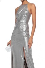 H by Halston size 14 metallic silver gray cocktail dress formal neutral slit