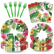 100 Pcs Tropical Luau Party Supplies Set, Serves 25   Disposable Hibiscus Flo...