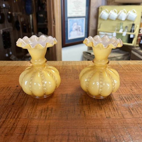 Pair Of Vintage Fenton Beaded Honey Amber Glass Bud Vases