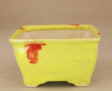 Japanese Bonsai pot ECHIZEN BUNZAN signed Yellow glazed Red brush Sq w4.5" *1839
