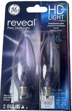 GE Reveal HD 60W Candelabra Light Bulbs 2-Pack Clear B-Type Dimmable 490 Lumens