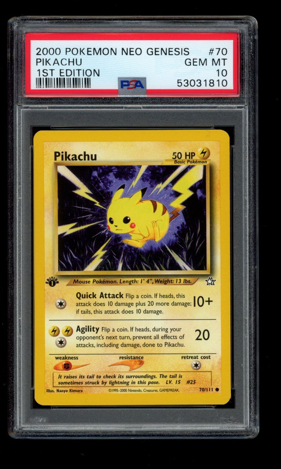 2000 WOTC POKEMON NEO GENESIS 1ST EDITION PIKACHU 70/111 COMMON PSA 10 GEM MINT