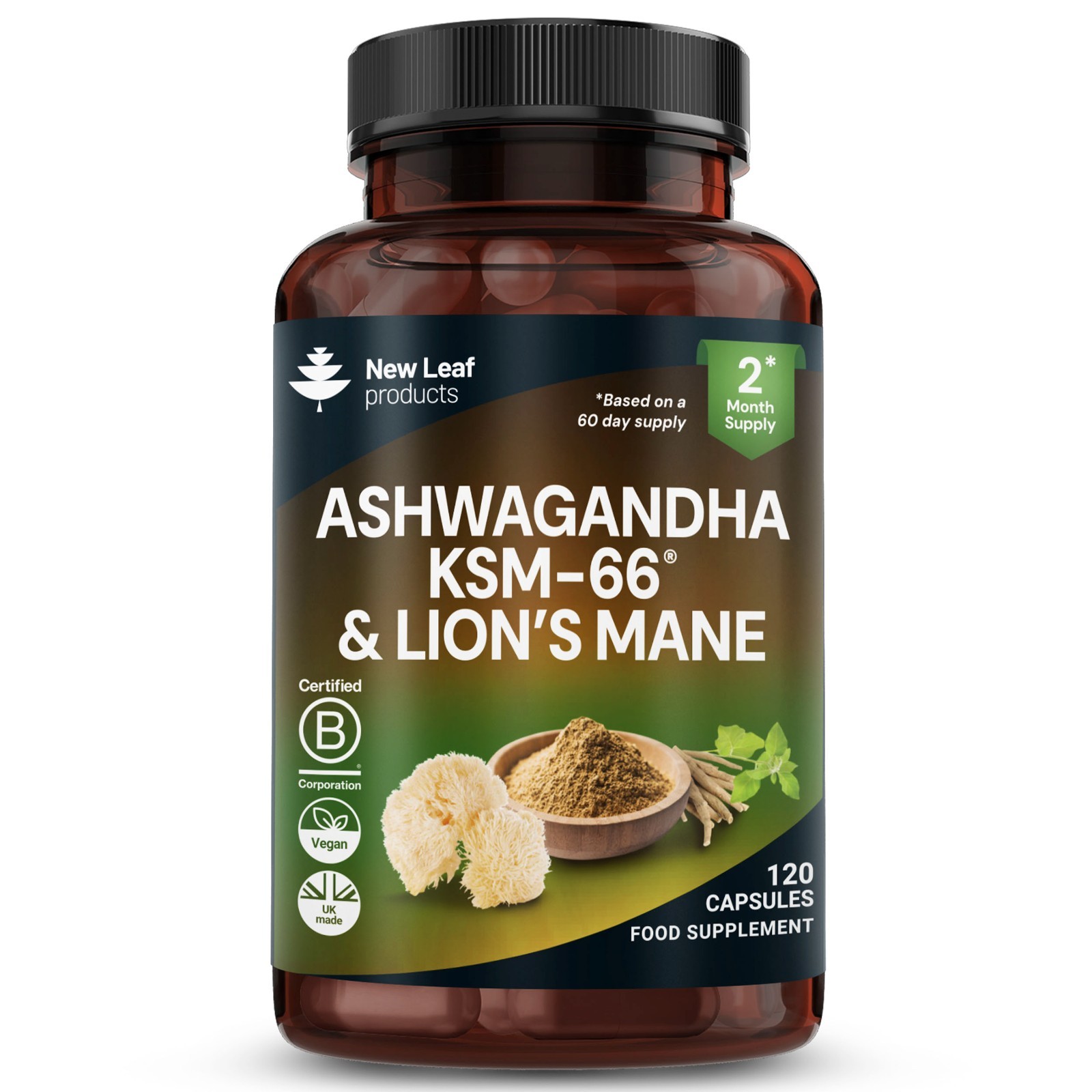 Ashwagandha KSM-66 & Lions Mane Capsules - 120 Vegan Capsules with Black Pepper