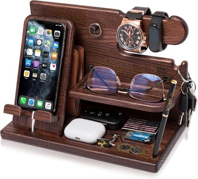 TESLYAR Wood Phone Docking Station Desk Organizer Key Wallet Watch Holder Gift