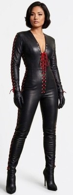 Genuine leather women catsuit Jump Suit club wear echt leer catsuit Laced Up