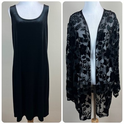Midnight Velvet Dress Topper Set Womens Large Black Sheath Sheer Floral Stretch