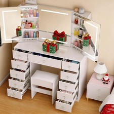Vanity Desk with Mirror  LED Lights, 11 Drawers Makeup Table, with Outlet
