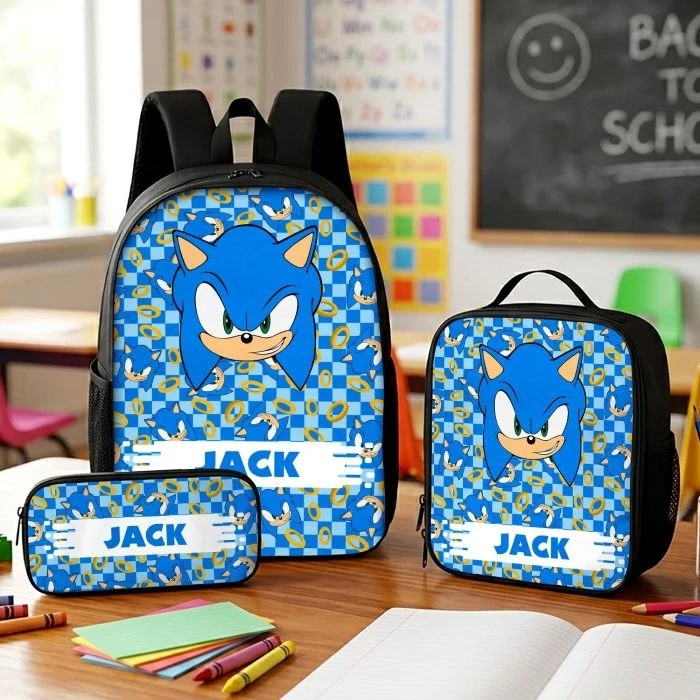 Blue Animal Character Backpack Lunch Bag Pencil Case Custom Name