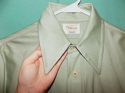 Exc! Vtg 70s Le CHEVRON DISCO SHIRT, QIANA, BOARD, DAGGER COLLAR, LIGHT OLIVE, M