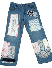 Women's Upcycled Jeans Hand Stitched Patches 14 Sustainable Denim 32-34 OOAK