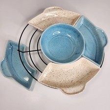 Vtg Lazy Susan W/ Original Metal Stand In Turquoise and Tan Speckled Made In USA