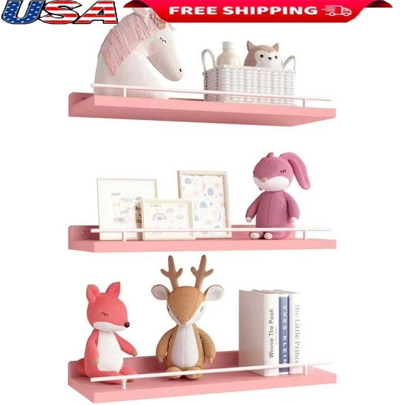 Sturdy Wall Mounted Floating Shelves W/ Metal Guardrail Bathroom Living Room New