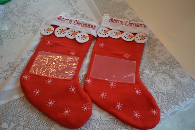 Lot of 2 Red White Merry Christmas Snowman Stockings Picture Name Tag Holder 18''