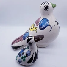 Vintage Tonala Mexican Folkart Pottery Bird Figurine Hand Painted signed art 