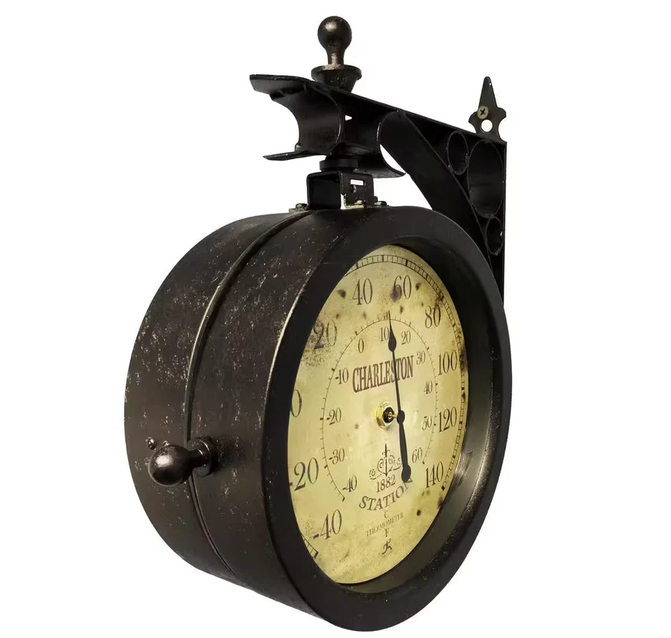 Wall Clock Round Charleston Outdoor Beige Face Glass Cover Quartz Thermometer - Image 2 of 4