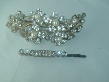 VINTAGE RHINESTONE FAUX PEARL FLOWER BARRETTE BOBBY PIN UP DO HAIR ACCESSORY