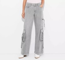 Women's Mid-Rise Wide Leg Cargo Baggy Pants - Wild Fable Gray Wash Sz 4