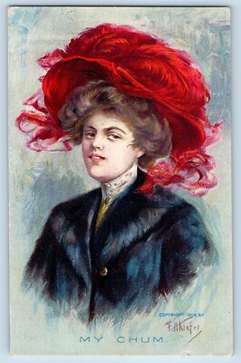 Signed Artist Postcard Pretty Woman Big Hat Feather My Chum Bamforth 1908