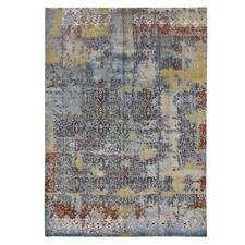 9'9" x 14' Blue Wool with Silk Broken and Erased Design Handmade Rug R87898