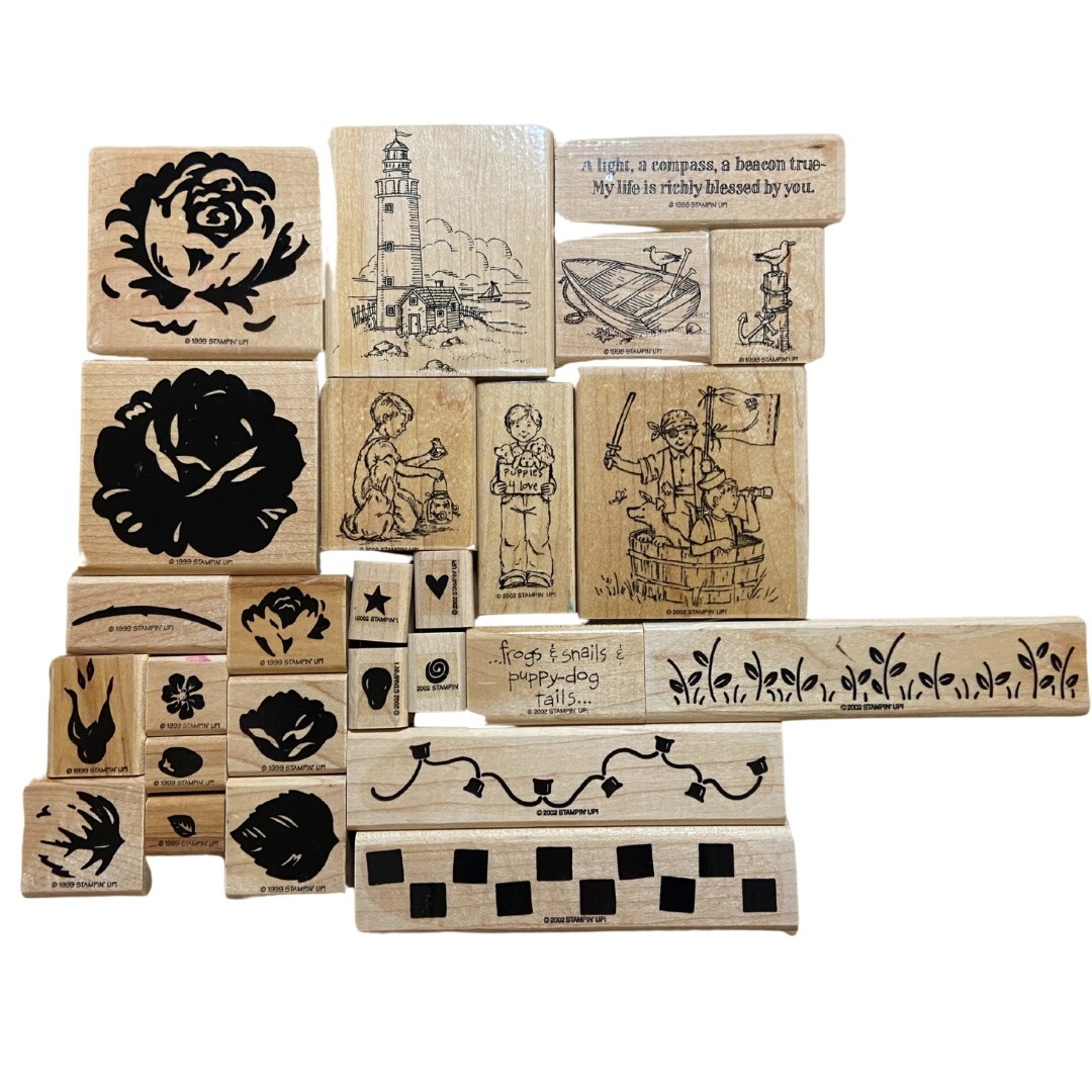 Vintage Stampin Up Wood Mounted Rubber Stamps Lot of 71 Mostly New With Cases