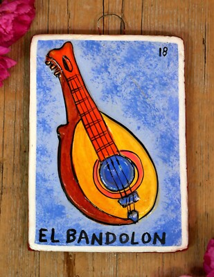 Sm Sz Loteria #18 El Bandolon Mandolin Clay Hand Painted Mexico Game Folk Art