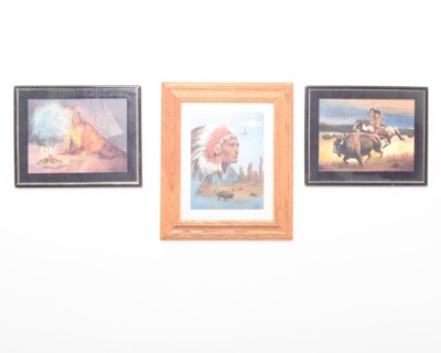 3 Vintage Dufex Foil Prints Native American People Framed Indian Prairie Bison