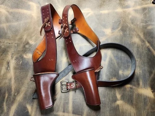 Modestone 44/45 Fondina Doppia Western Left Cross Draw In Pelle | Cintura Porta Pistola Rig Realizzata A Mano | Per Revole A Singola Azione Fino A 6'' - 2