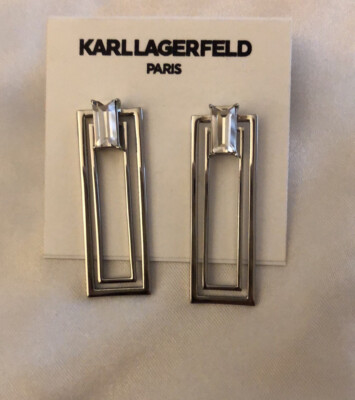 Karl Lagerfeld Paris Silver Tone Rectangle Drop Earrings Crystal Accents NWT