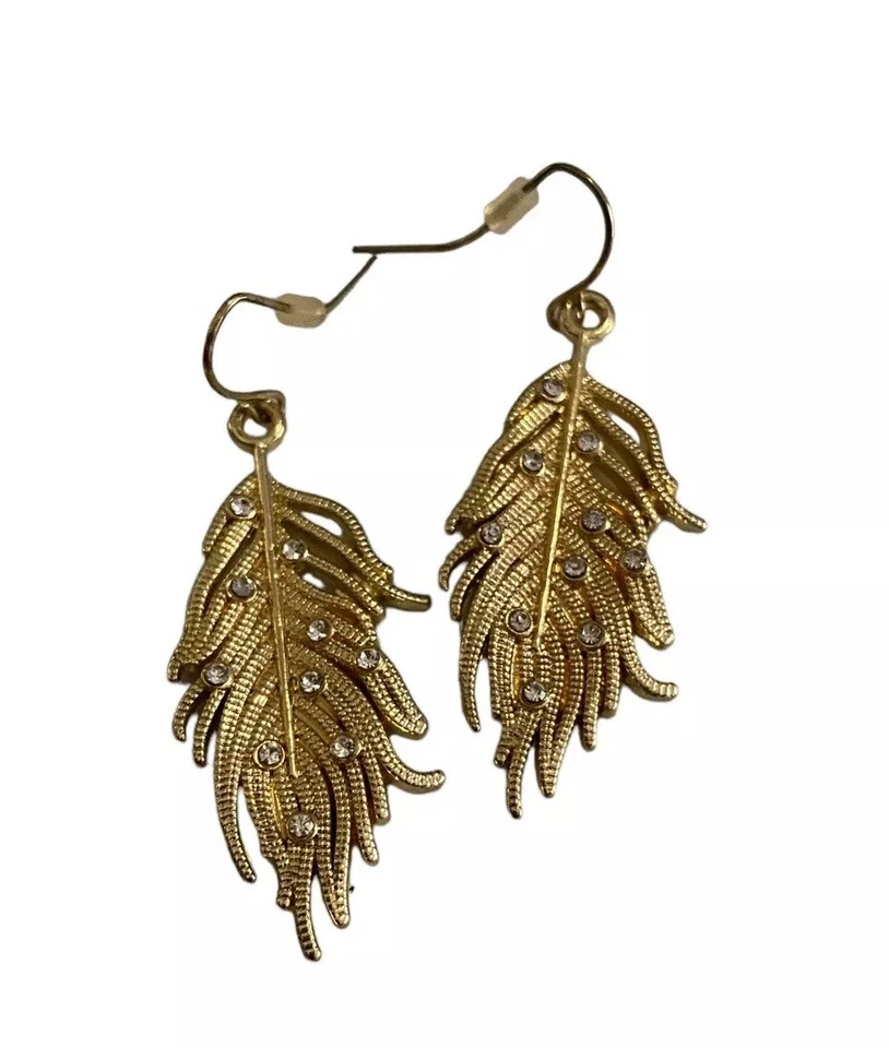Pendientes Boho Colgantes Cristal Estrás Pluma Tono Dorado Foto 3 de 3