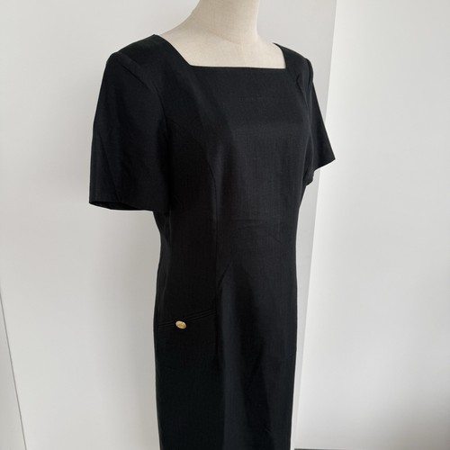 Anthea Crawford Dress Size 14/16 Black Midi Linen Blend Vintage Gold Buttons - Picture 2 of 16