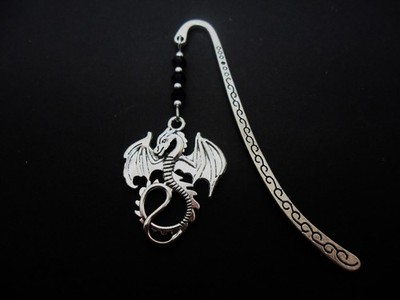 A TIBETAN SILVER  DRAGON & BLACK CRYSTAL BEAD  CHARM BOOKMARK. NEW.