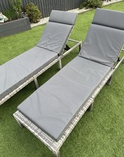 Sunloungers x2 -Grey Rattan Style - Very Good Condition - Grey Cushions