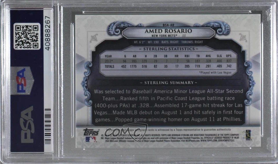 2018 Bowman Sterling Continuity /99 Amed Rosario PSA 10 GEM MT Rookie Auto RC - Image 2 of 2