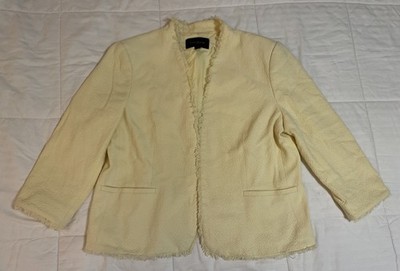 Ann Taylor Butter Yellow Textured Open Front Fringe Trim Blazer Jacket 16 EUC