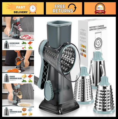 Hand Crank Rotary Cheese Grater - 3 Stainless Steel Blades, Suction Base, Safe K
